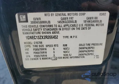 2002 Chevrolet Tahoe C1500 из США, поврежденный, VIN 1GNEC13ZX2R266452